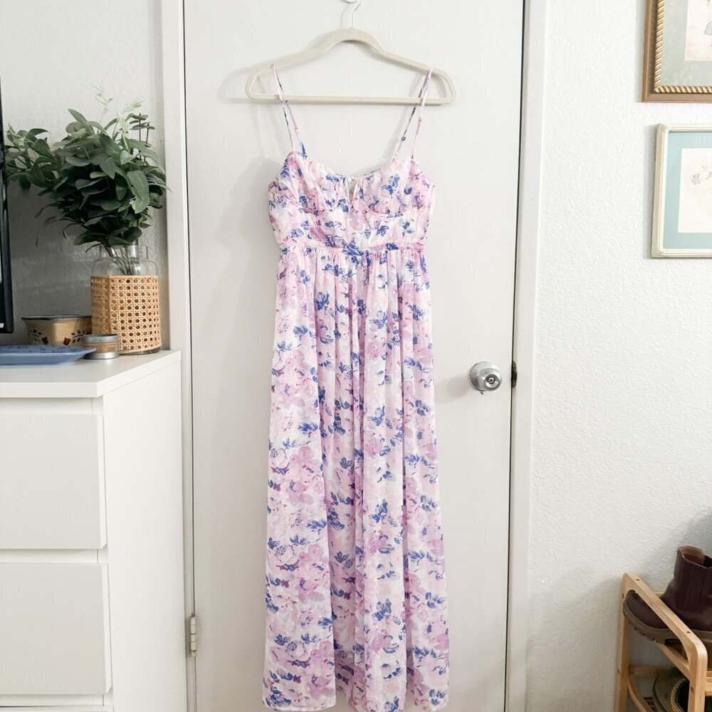 🦋 NWOT LULUS Total Darling Pink Multi Floral Print Notched Bustier Maxi Dress - Picture 2 of 5